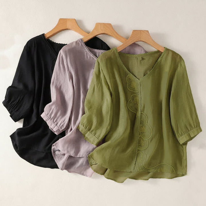 Camiseta de manga corta con cuello en V y estampado informal de Buddha Stones para mujer. - image 25
