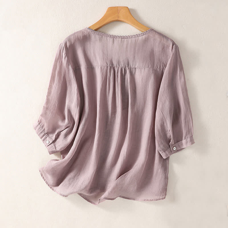 Camiseta de manga corta con cuello en V y estampado informal de Buddha Stones para mujer. - image 1