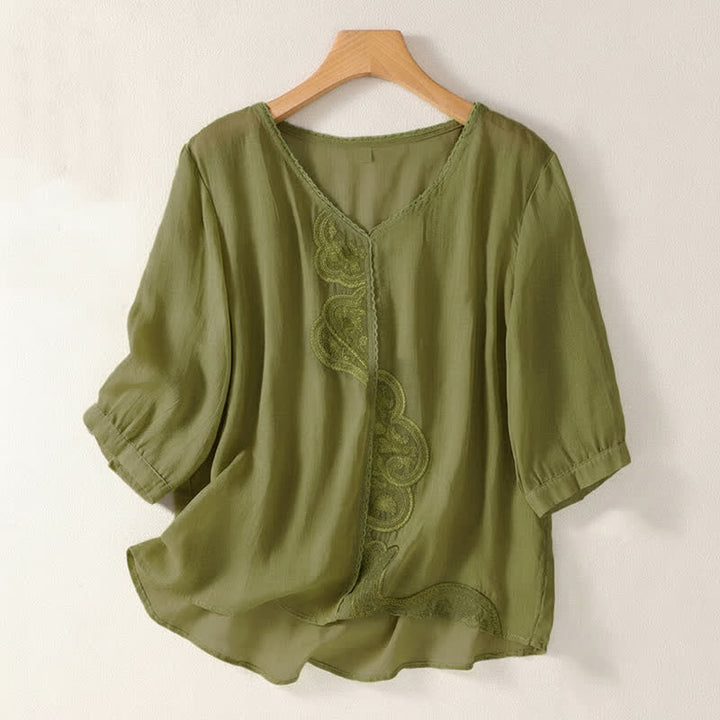 Camiseta de manga corta con cuello en V y estampado informal de Buddha Stones para mujer. - Verde amarillento - US14，UK/AU18，EU46 (2XL) - image 16
