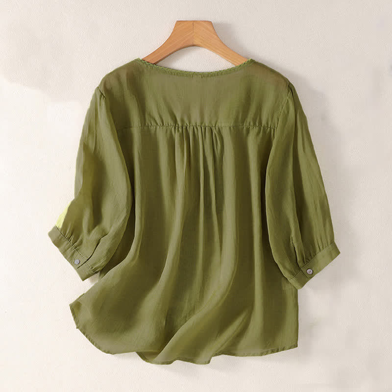 Camiseta de manga corta con cuello en V y estampado informal de Buddha Stones para mujer. - image 17