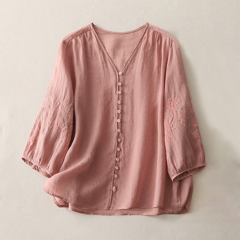 Camisa de mujer con botones y bordado de Buddha Stones - Salmón claro - US8-10，UK/AU12-14，EU40-42 (2XL) - image 21