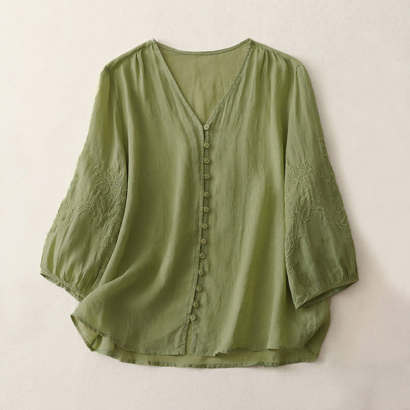 Camisa de mujer con botones y bordado de Buddha Stones - Verde amarillento - US8-10，UK/AU12-14，EU40-42 (2XL) - image 0