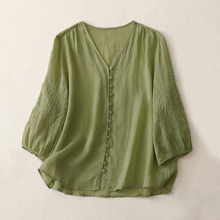 Camisa de mujer con botones y bordado de Buddha Stones - Verde amarillento - US8-10，UK/AU12-14，EU40-42 (2XL) - image 0