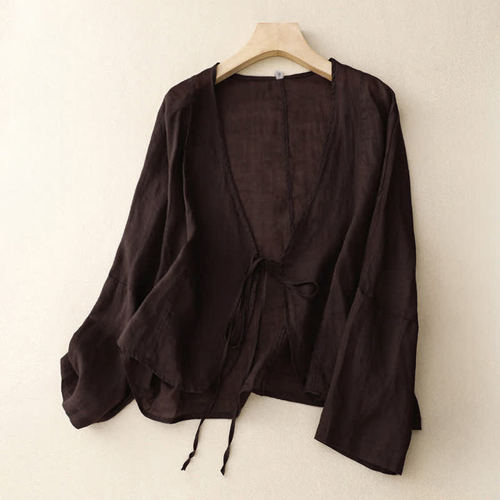 Kimono de mujer Buddha Stones Summer liso de manga larga con cordones y frente abierto - Marrón silla de montar - US12，UK/AU16，EU44 (XL) - image 12