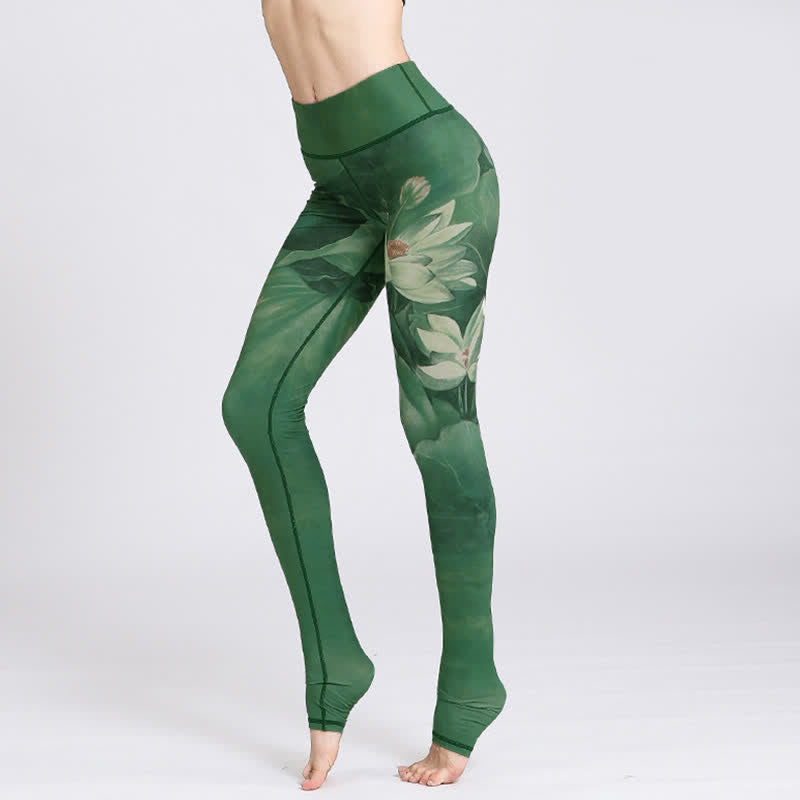 Pantalones de diseño con estampado de flores de loto y Buddha Stones, mallas deportivas para Yoga y Fitness, pantalones de Yoga para mujer - Loto verde - US8-10, UK/AU12-14, EU40-42 (XL) - image 0