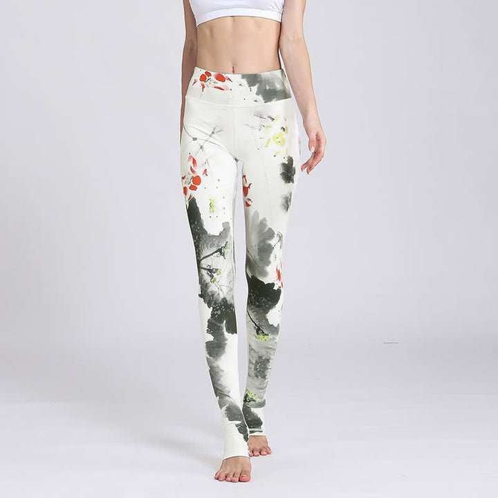 Pantalones de diseño con estampado de flores de loto y Buddha Stones, mallas deportivas para Yoga y Fitness, pantalones de Yoga para mujer - Loto de tinta blanca - US8-10, UK/AU12-14, EU40-42 (XL) - image 26