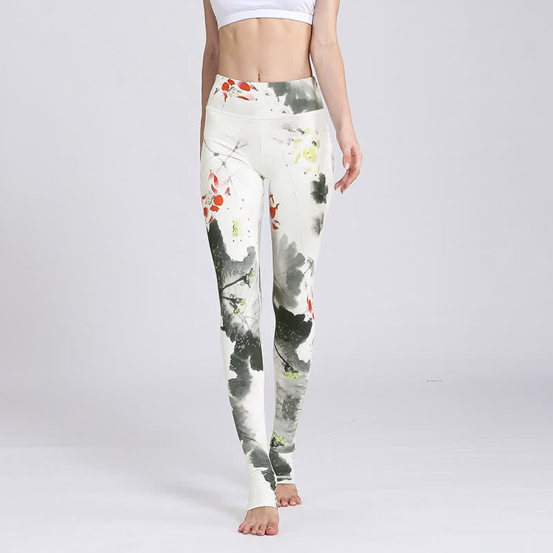 Pantalones deportivos con estampado de flores de loto y Buddha Stones, leggings de yoga para mujer. - Loto de tinta blanca - US8-10, UK/AU12-14, EU40-42 (XL) - image 26