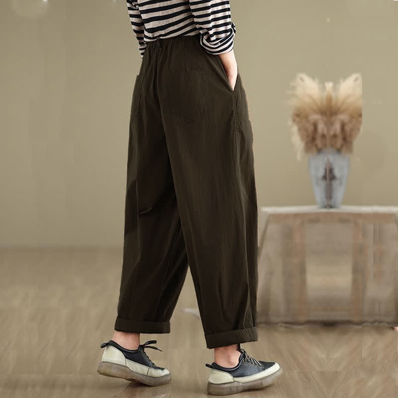 Pantalones casuales de mujer Buddha Stones de color liso con cintura elástica y botones en la parte superior, con bolsillos - image 4