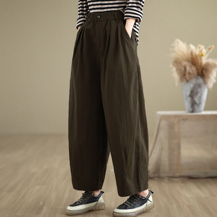 Pantalones casuales de mujer Buddha Stones de color liso con cintura elástica y botones en la parte superior, con bolsillos - image 5