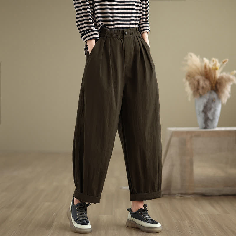 Pantalones casuales de mujer Buddha Stones de color liso con cintura elástica y botones en la parte superior, con bolsillos - Marrón silla de montar - US8-10，UK/AU12-14，EU40-42 (2XL) - image 0