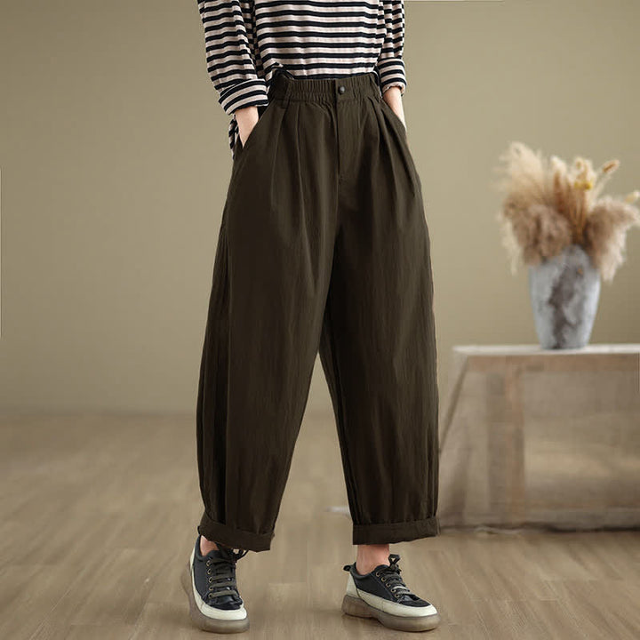 Pantalones casuales de mujer Buddha Stones de color liso con cintura elástica y botones en la parte superior, con bolsillos - Marrón silla de montar - US8-10，UK/AU12-14，EU40-42 (2XL) - image 0