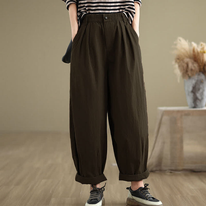 Pantalones casuales de mujer Buddha Stones de color liso con cintura elástica y botones en la parte superior, con bolsillos - image 1