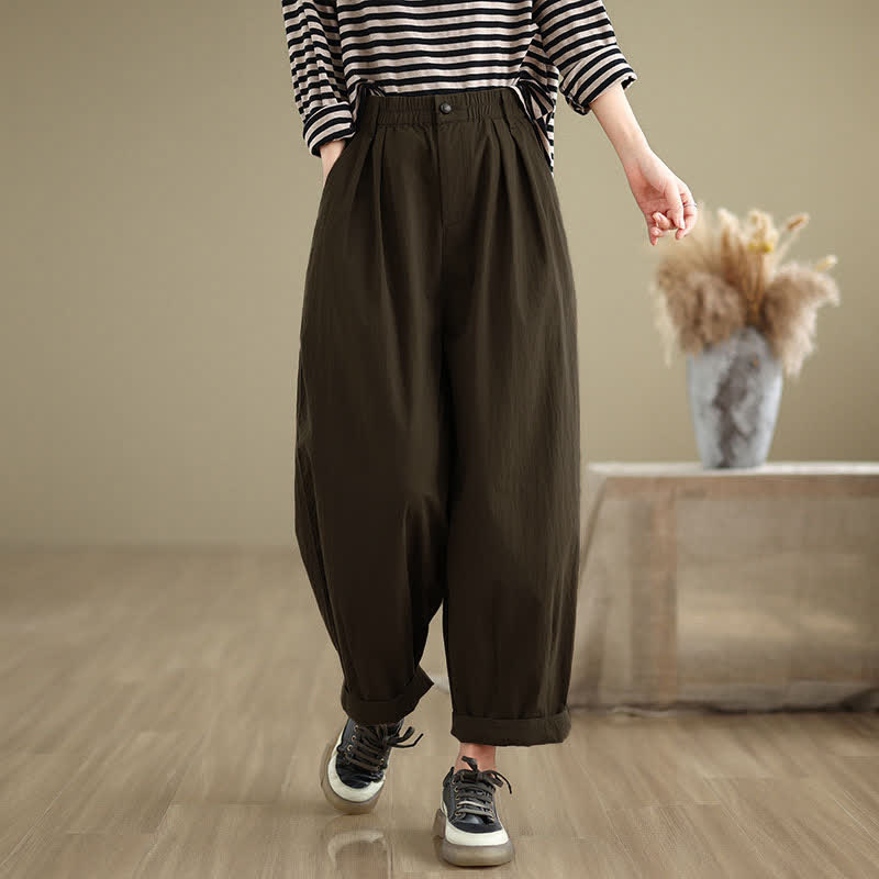 Pantalones casuales de mujer Buddha Stones de color liso con cintura elástica y botones en la parte superior, con bolsillos - image 3