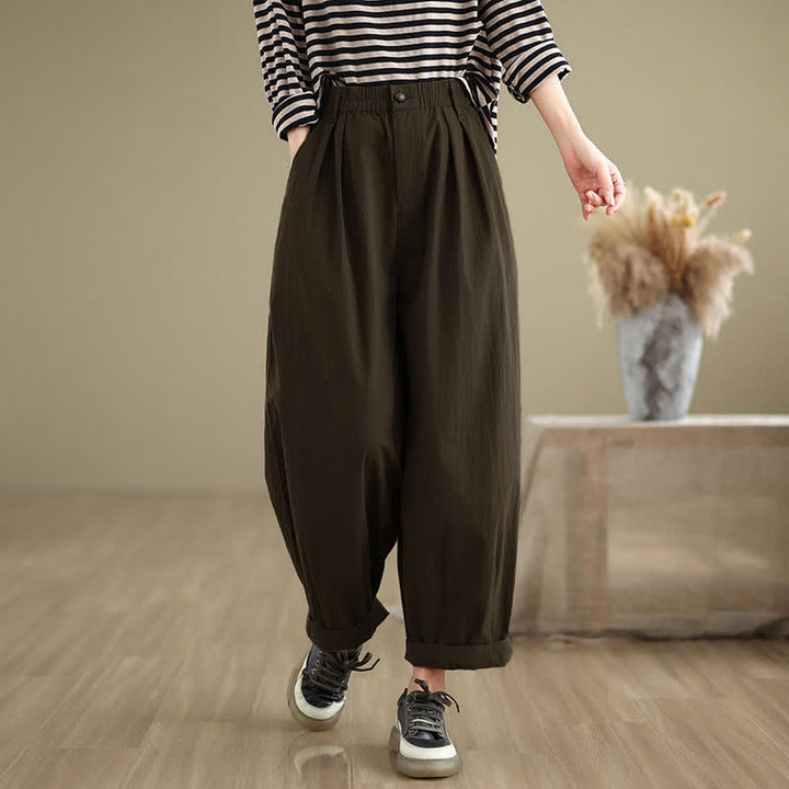 Pantalones casuales de mujer Buddha Stones de color liso con cintura elástica y botones en la parte superior, con bolsillos - image 3