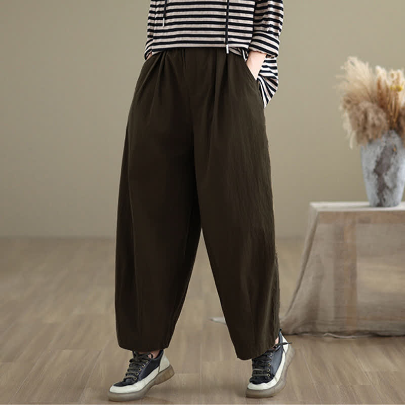 Pantalones casuales de mujer Buddha Stones de color liso con cintura elástica y botones en la parte superior, con bolsillos - image 2