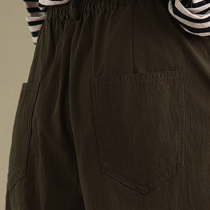 Pantalones casuales de mujer Buddha Stones de color liso con cintura elástica y botones en la parte superior, con bolsillos - image 9