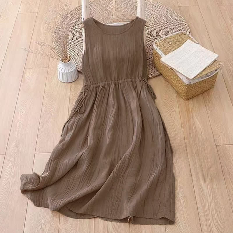 Vestido midi informal sin mangas con bolsillos, estampado Buddha Stones , hecho a mano, con cordón ajustable en la cintura. - image 1
