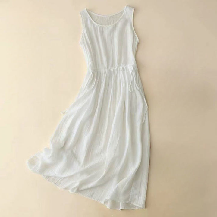 Vestido midi informal sin mangas con bolsillos, estampado Buddha Stones , hecho a mano, con cordón ajustable en la cintura. - Blanco - US8-10，UK/AU12-14，EU40-42 (2XL) - image 8