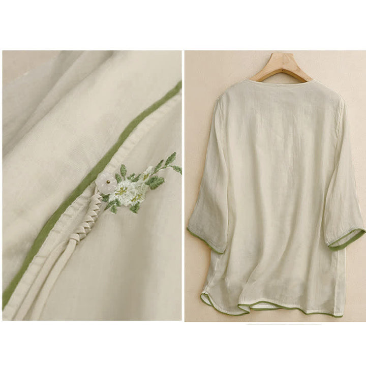 Camisa de mujer de manga tres cuartos con cuello redondo y bordado floral verde y Buddha Stones en color beige. - image 1