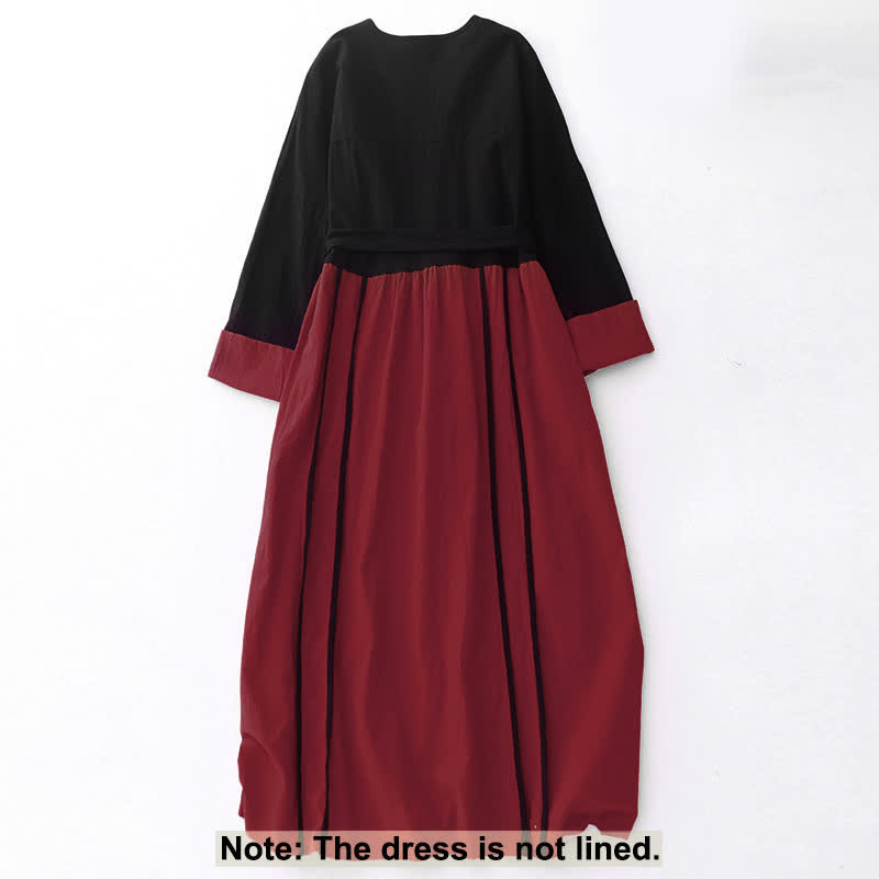 Vestido midi de manga larga con diseño de bloques de color y cordones para mujer con bolsillos y estampado de Buddha Stones - image 1