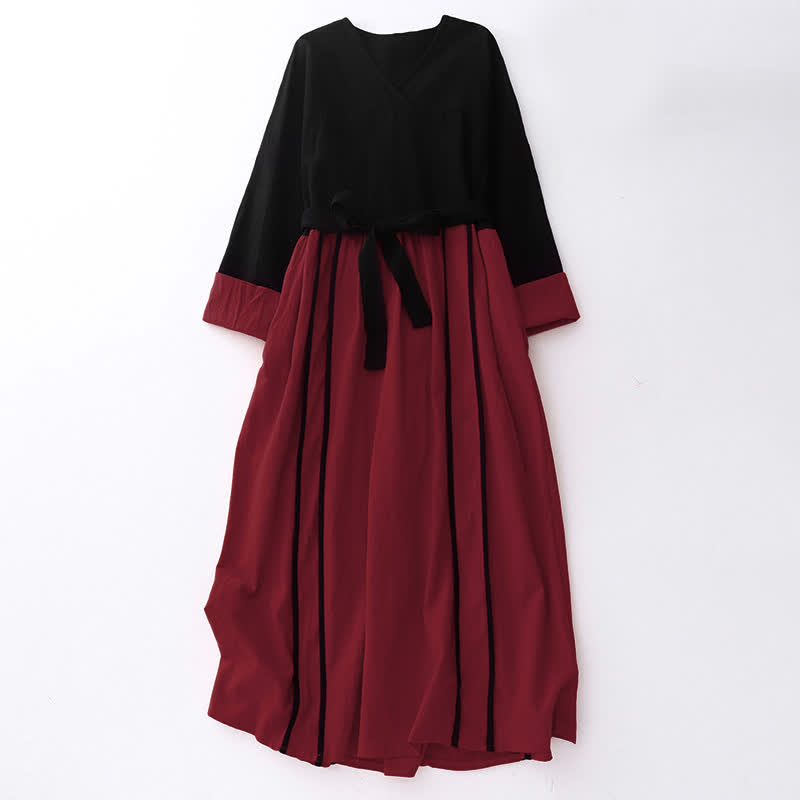 Vestido midi de manga larga con diseño de bloques de color y cordones para mujer con bolsillos y estampado de Buddha Stones - Carmesí - US8-10，UK/AU12-14，EU40-42 (2XL) - image 0