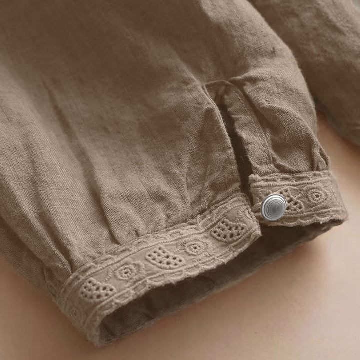 Camisa informal de manga tres cuartos con cuello redondo y diseño calado para mujer con estampado de Buddha Stones. - image 8