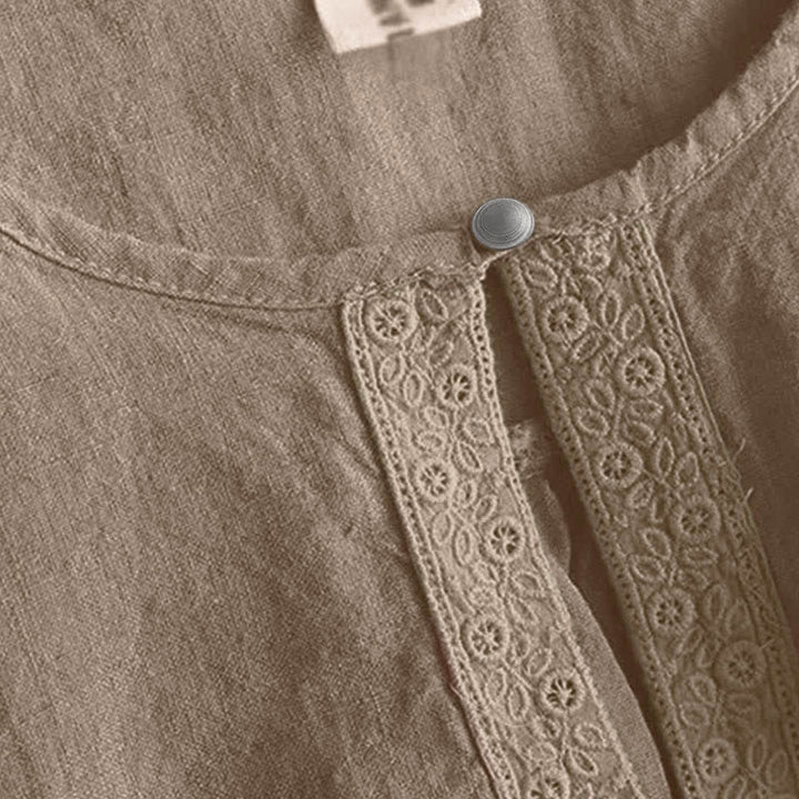 Camisa informal de manga tres cuartos con cuello redondo y diseño calado para mujer con estampado de Buddha Stones. - image 3