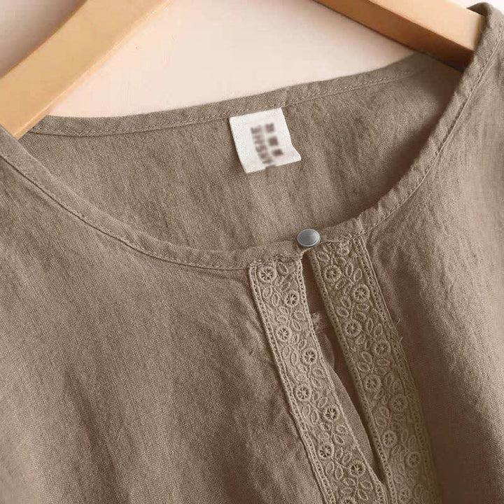 Camisa informal de manga tres cuartos con cuello redondo y diseño calado para mujer con estampado de Buddha Stones. - image 2