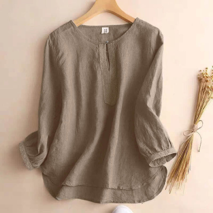 Camisa informal de manga tres cuartos con cuello redondo y diseño calado para mujer con estampado de Buddha Stones. - Broncearse - US8-10，UK/AU12-14，EU40-42 (2XL) - image 0