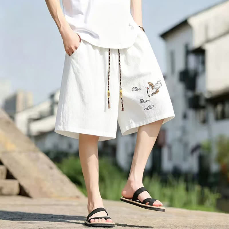 Buddha Stones Pantalones cortos de verano informales estilo Tang con bordado de grulla y nubes auspiciosas para hombre, con bolsillos. - image 5