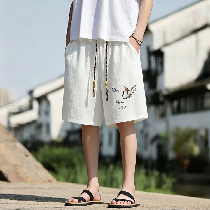 Buddha Stones Pantalones cortos de verano informales estilo Tang con bordado de grulla y nubes auspiciosas para hombre, con bolsillos. - image 4