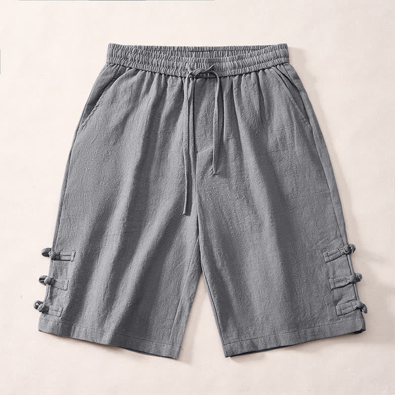 Buddha Stones Pantalones cortos de verano informales minimalistas para hombre con cordón ajustable, botón lateral decorativo tipo rana y bolsillos. - Gris - US/UK/AU46, EU56 (5XL) - image 0