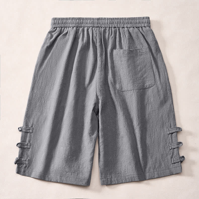 Buddha Stones Pantalones cortos de verano informales minimalistas para hombre con cordón ajustable, botón lateral decorativo tipo rana y bolsillos. - image 1