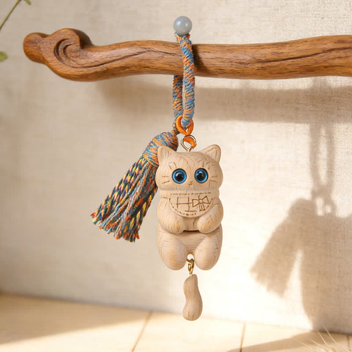 Buddha Stones Llaveros sencillos con borla de gato en madera natural tallada - Azul - image 0