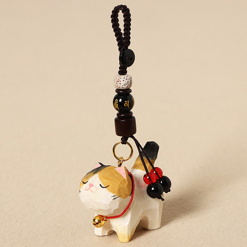 Buddha Stones Llaveros de madera tallada con forma de gato, Om Mani Padme Hum Paz - Om Mani Padme Hum Gato Tricolor - image 10