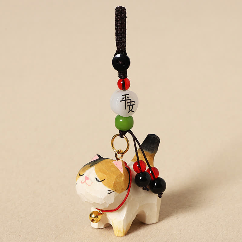 Buddha Stones Llaveros de madera tallada con forma de gato, Om Mani Padme Hum Paz - Gato tricolor pacífico - image 9