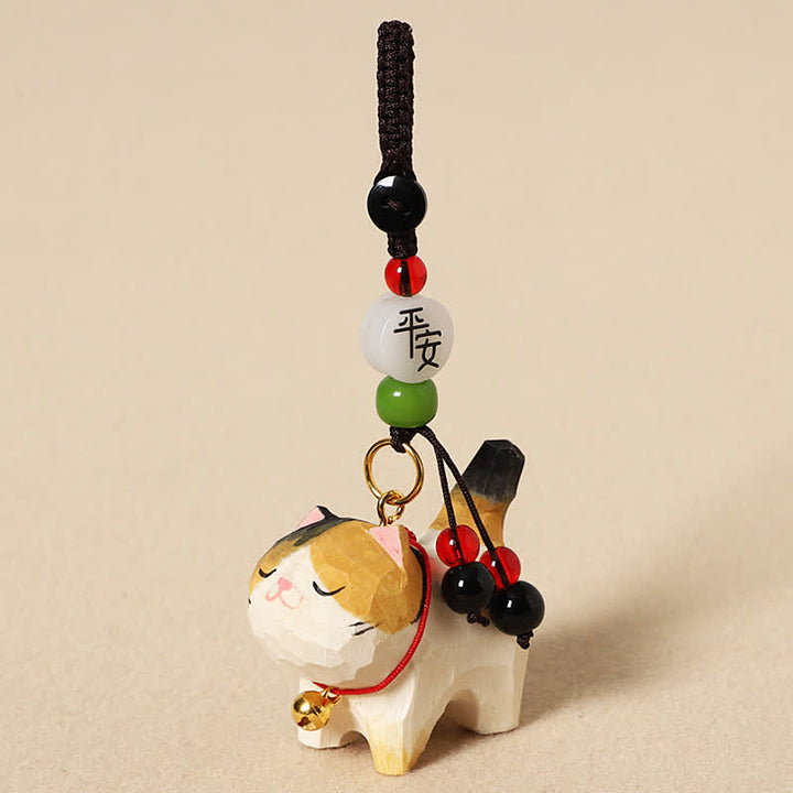Buddha Stones Llaveros de madera tallada con forma de gato, Om Mani Padme Hum Paz - Gato tricolor pacífico - image 9