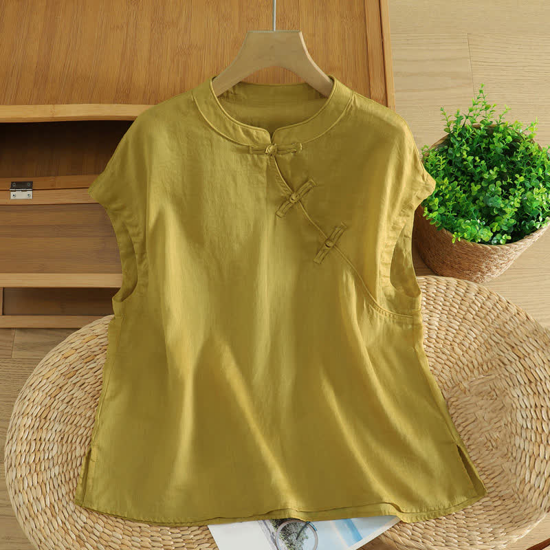 Buddha Stones Camiseta sin mangas de mujer estilo Tang informal con botones de rana. - Caqui oscuro - US12, UK/AU16, EU44 (2XL) - image 0