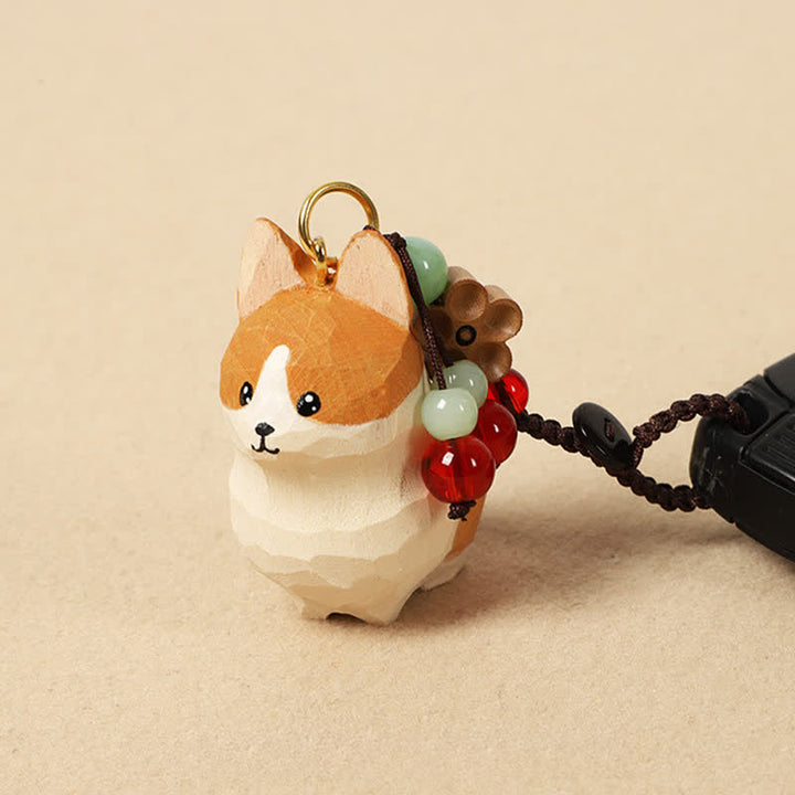 Buddha Stones Llaveros de madera tallada con el Corgi, Om Mani Padme Hum Peace - Corgi - image 0