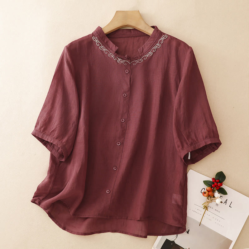 Buddha Stones Camisa de manga corta para mujer, estilo Tang, informal y elegante, con cuello redondo y botones, con bordado de enredaderas. - Granate - US8-10, UK/AU12-14, EU40-42 (2XL) - image 17