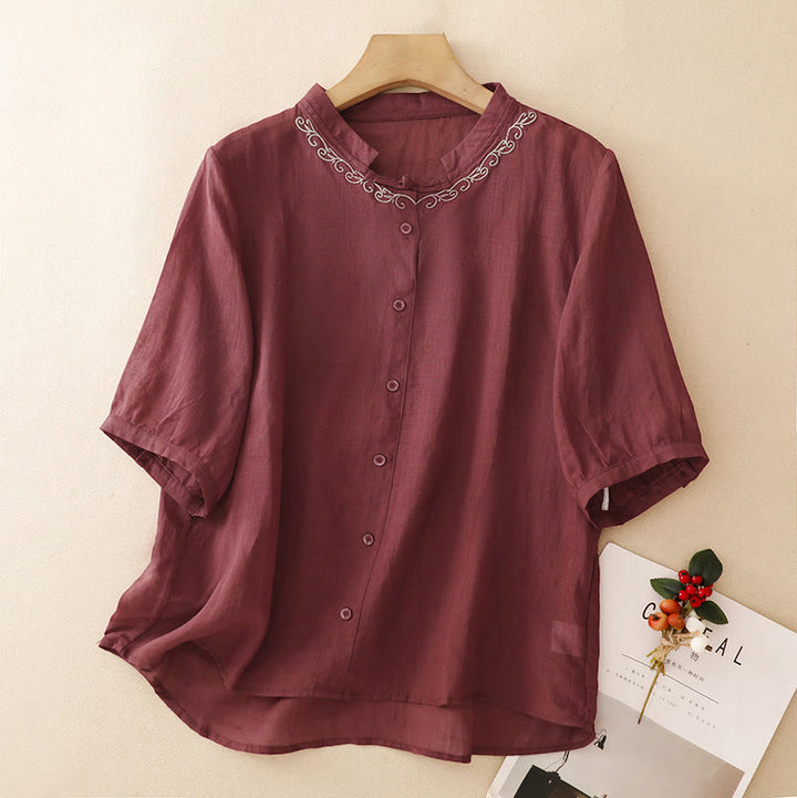 Buddha Stones Camisa de manga corta para mujer, estilo Tang, informal y elegante, con cuello redondo y botones, con bordado de enredaderas. - Granate - US8-10, UK/AU12-14, EU40-42 (2XL) - image 17