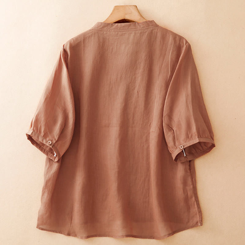 Buddha Stones Camisa de manga corta para mujer, estilo Tang, informal y elegante, con cuello redondo y botones, con bordado de enredaderas. - image 9