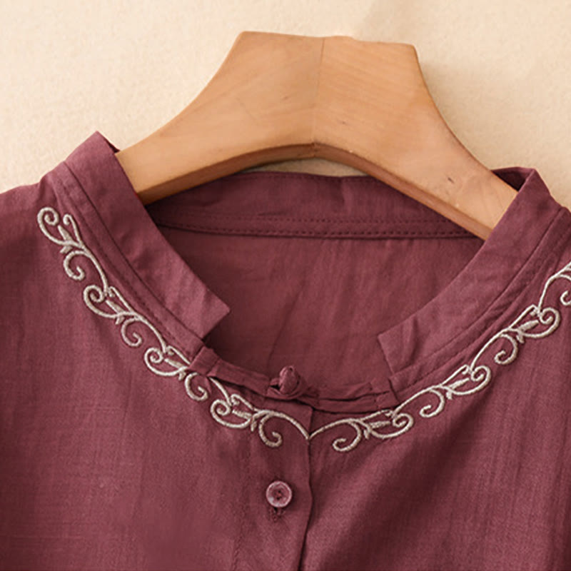 Buddha Stones Camisa de manga corta para mujer, estilo Tang, informal y elegante, con cuello redondo y botones, con bordado de enredaderas. - image 18