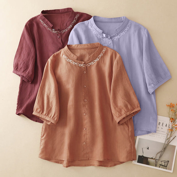 Buddha Stones Camisa de manga corta para mujer, estilo Tang, informal y elegante, con cuello redondo y botones, con bordado de enredaderas. - image 25