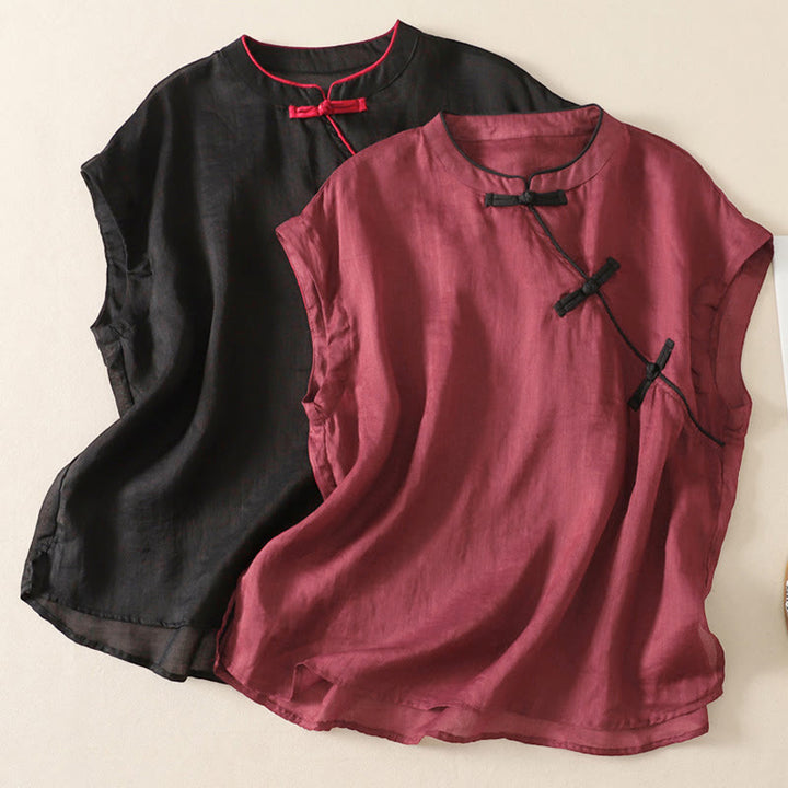 Buddha Stones Camiseta sin mangas estilo Tang informal con botones de rana para mujer. - image 17