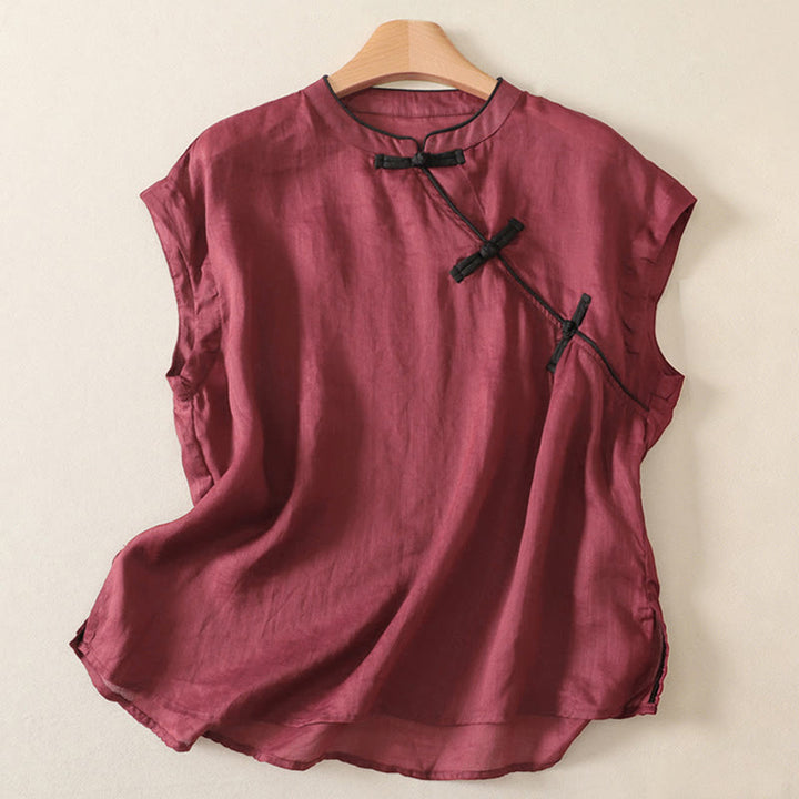 Buddha Stones Camiseta sin mangas estilo Tang informal con botones de rana para mujer. - Granate - US12, UK/AU16, EU44 (2XL) - image 6