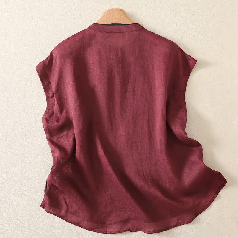 Buddha Stones Camiseta sin mangas estilo Tang informal con botones de rana para mujer. - image 7