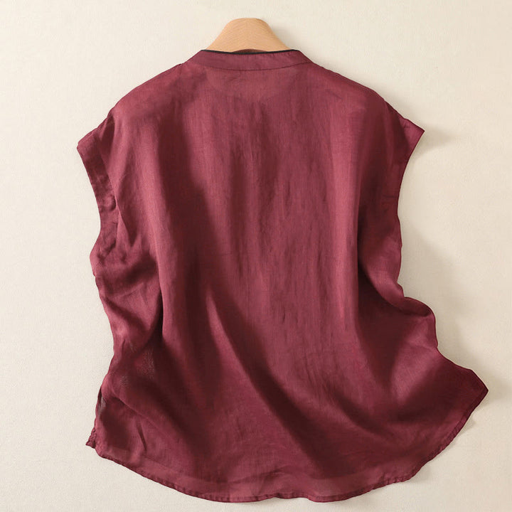 Buddha Stones Camiseta sin mangas estilo Tang informal con botones de rana para mujer. - image 7