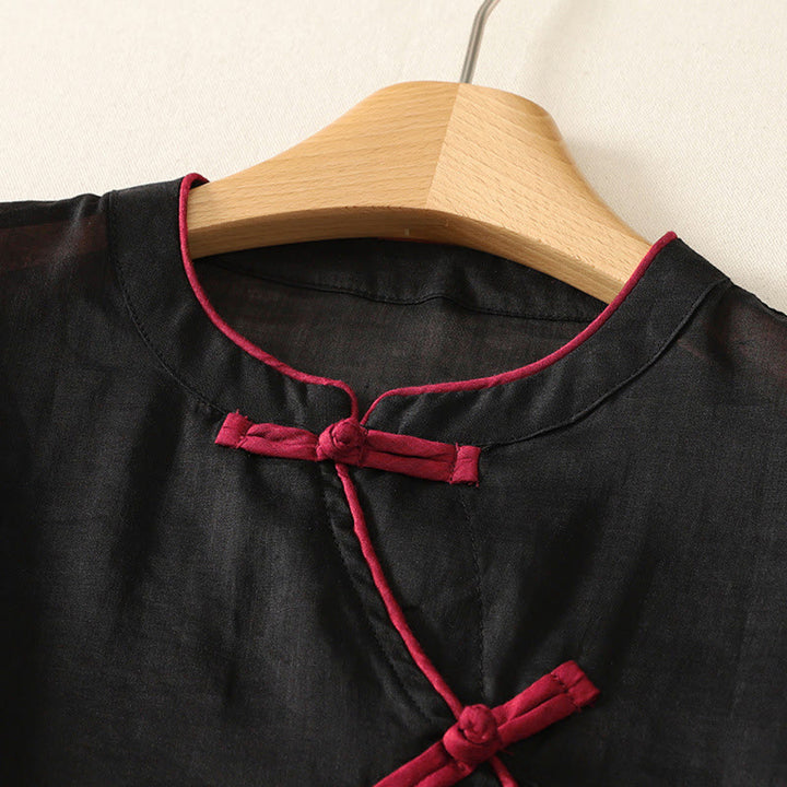 Buddha Stones Camiseta sin mangas estilo Tang informal con botones de rana para mujer. - image 2