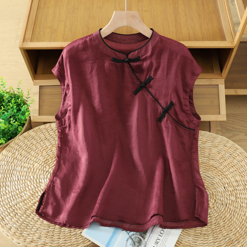 Buddha Stones Camiseta sin mangas estilo Tang informal con botones de rana para mujer. - image 8